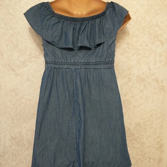 Express Faux Denim Off-Shoulder Ruffle Dress - Picture 9 of 12